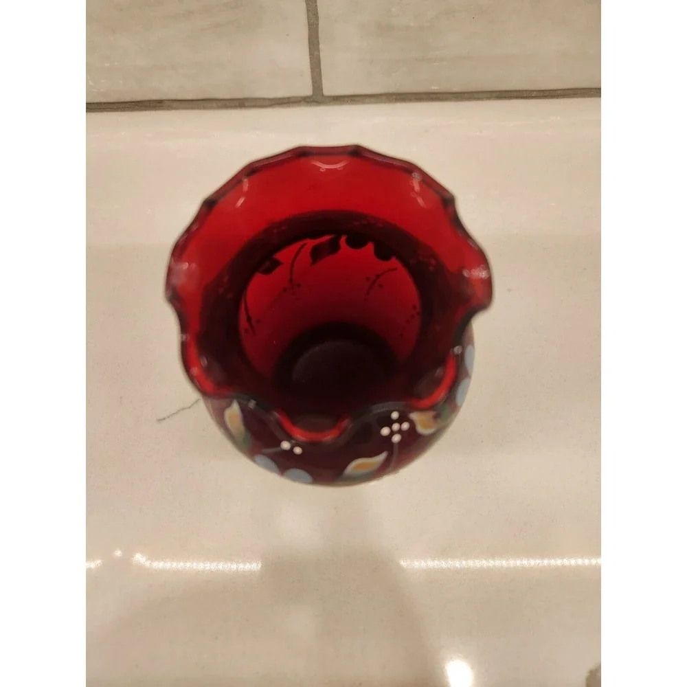 Vintage Anchor Hocking Royal Ruby Hand Painted‎ Bud Vase With Flowers 4 Inches